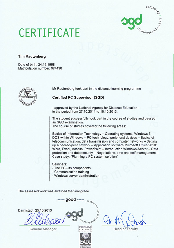 Certificate PC Supervisor